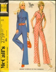 2759 MCCALLS 1971 STRETCH KNIT ZIPPERED  JUMPSUIT 2 VERSIONS PATTERN 12 34"B UNCUT
